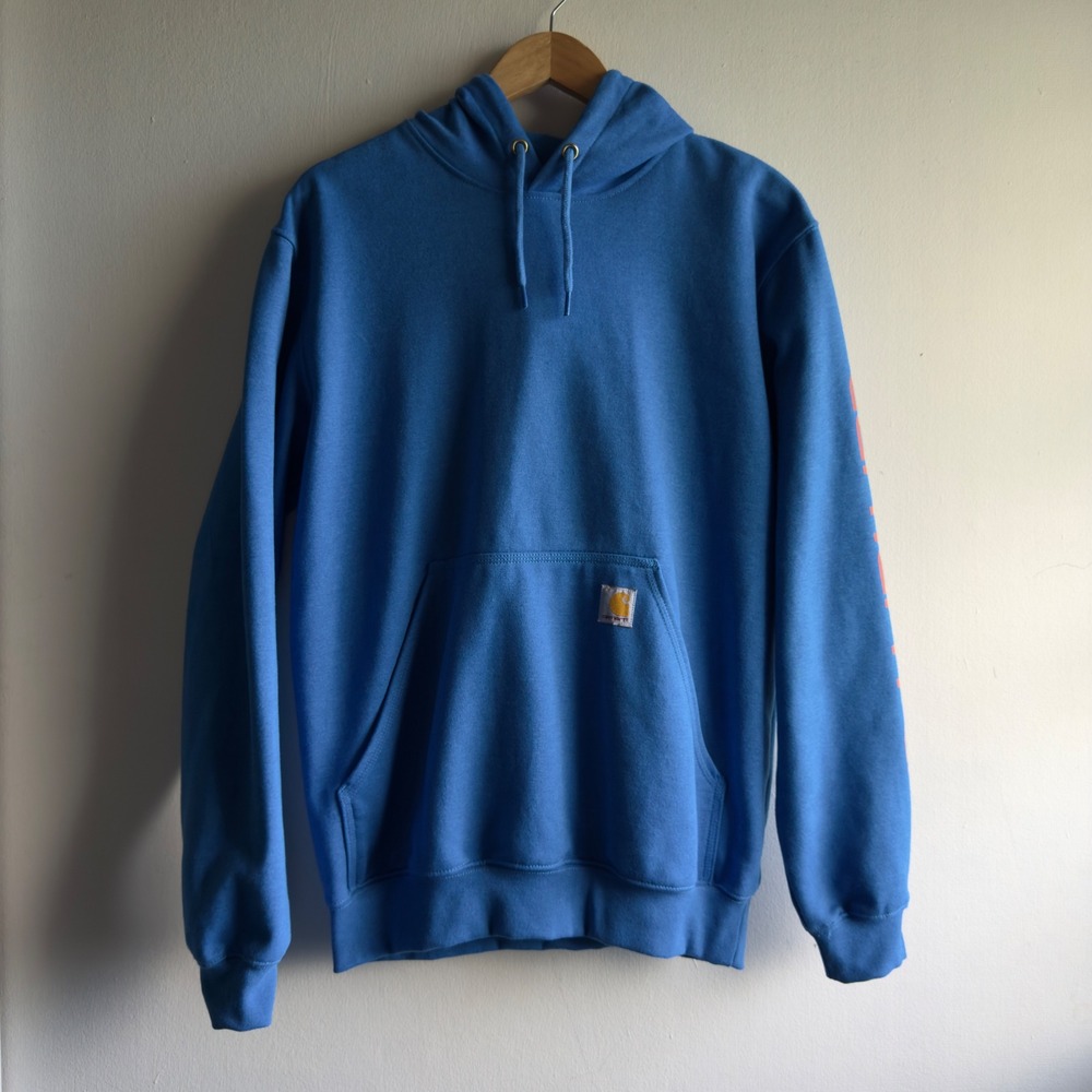 Carhartt NWT Blue Hoodie Mens Loose Fit Midweight Logo Sleeve Workwear Small